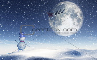 3D Christmas landscape with snowman waving to santa in the sky