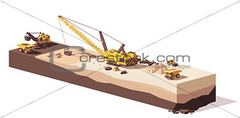 Vector low poly excavators and haul truck