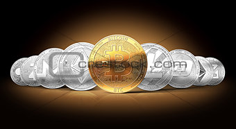 Set of cryptocurrencies with a golden bitcoin on the front