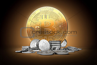 Golden bitcoin surrounded by silver ethereum coins