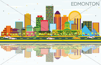 Edmonton Skyline with Color Buildings, Blue Sky and Reflections.