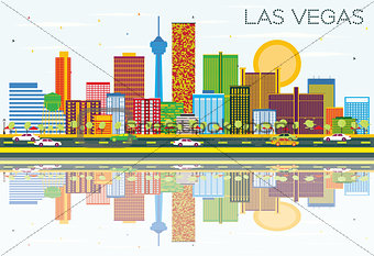 Las Vegas Skyline with Color Buildings, Blue Sky and Reflections