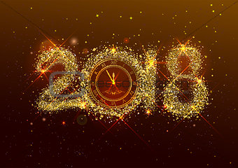 2018 new year number golden confetti on dark background. Clock face dial with Roman numerals show midnight New Year Eve