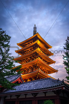 Pagoda at sunset in Senso-ji temple, Tokyo, Japan