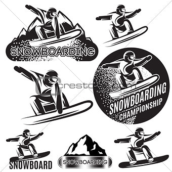 set of vector monochrome sports templates with various snowboarders on background of snow and mountains