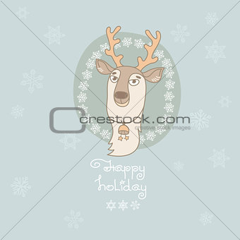 Christmas greeting card with cute deer and snowflakes.