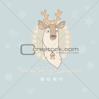 Vector Christmas greeting card with cute deer and snowflakes.