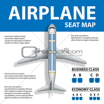 Banner, poster, flyer with Airplane Seat Map. Plane Business and Economy Class and Place for Text. Vector illustration