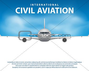 Banner, poster, flyer with Airplane background. Plane in blue sky, civil aviation airliner. Commercial airliner travel concept design. Vector illustration