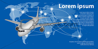 Flying airplane on World map with trace line. Travel airplane banner concept with copy space. Vector illustration.