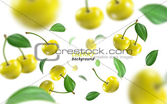 Flying yellow cherries background. Realistic quality vector.