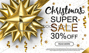 Christmas sale header with golden band, serpantine and lettering on white background. Horizontal vector illustration. Template for advertising.