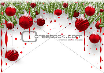 Christmas Background with Red Baubles and Coniferous Branches
