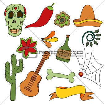 Hand drawn set of mexican symbols - guitar, sombrero, tequila, skull
