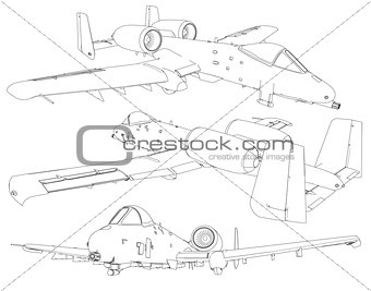 Set of military jet fighter silhouettes. Image of aircraft in contour drawing lines