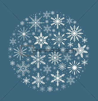 Merry christmas card with snowflakes in round shape. Snow globe for your design. Vector illustration.