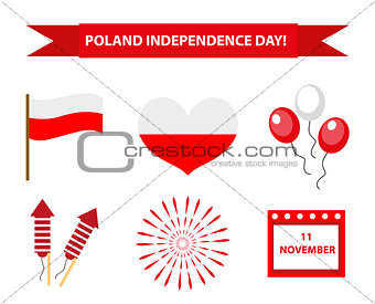 Poland Independence Day icon set, flat style. Collection of design elements with flag, heart, balloons, calendar, firework. Isolated on white background. Vector illustration.