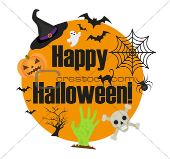 Halloween round frame for text with a spider, pumpkin, witch hat, black cat. Isolated on white background. Template for your card design. Vector illustration.