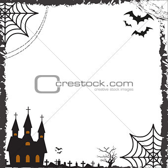 Halloween square frame for text with cobweb, bat, castle. Template for your design greeting cards, invitations, posters. Vector illustration.