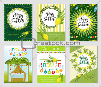 Happy Sukkot set of flyers or posters. Sukkot collection of templates for your design greeting cards and more. Vector illustration.