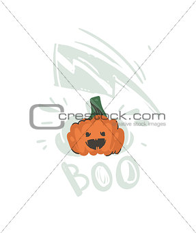 Hand drawn vector abstract cartoon Happy Halloween illustration with pumpkin lantern monster isolated on white background.