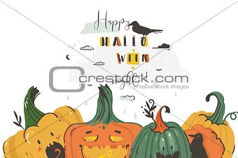 Hand drawn vector abstract cartoon Happy Halloween illustrations party posters and collection cards set with ravens,pumpkins and modern calligraphy Happy Halloween Night isolated on white background