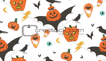 Hand drawn vector abstract cartoon Happy Halloween illustrations seamless pattern with ravens,bats,pumpkins and modern calligraphy isolated on white background.