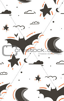 Hand drawn vector abstract cartoon Happy Halloween illustrations seamless pattern with bats,stars,moon,clouds isolated on white background