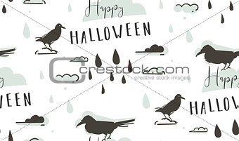 Hand drawn vector abstract cartoon Happy Halloween illustrations seamless pattern with ravens,crows,drops,clouds and modern calligraphy Happy Haloween isolated on white background