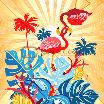 Bright tropical flamingo postcard
