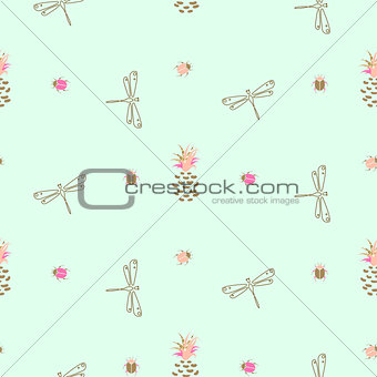 Gold glam dragonfly and pineapple seamless pattern.
