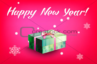 Card with gift box and letting Happy New Year. Bright red background and snowflakes. Vector illustration