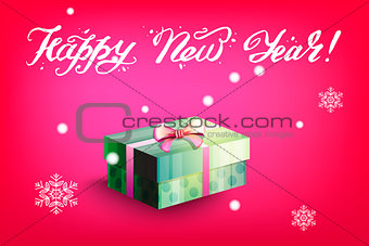 Card with gift box and letting Happy New Year. Bright red background and snowflakes. Vector illustration.