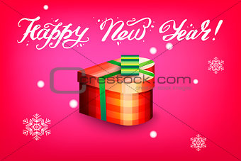 Card with gift box and letting Happy New Year. Bright red background and snowflakes. Vector illustration.