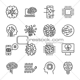 Simple set of artificial intelligence related line icons contains such icons as droid, eye, chip, brain. Editable Stroke.