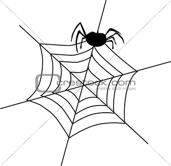 Black silhouette of  spider sitting on the spiderweb  isolated w