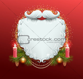 White beard of Santa Claus. Christmas greeting card template. Garland spruce branch, candle burn, golden xmas ball