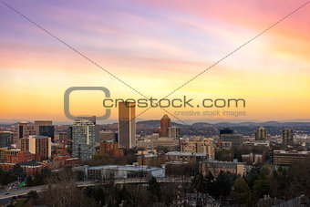 Sunset over Portland Cityscape and Mt Hood