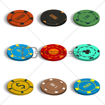 Set of different casino chips in 3D, vector illustration.