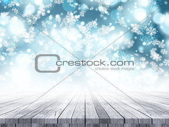3D wooden table on a Christmas snowflake background