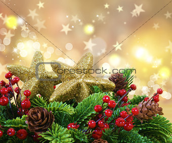 Christmas decorations on gold starry background