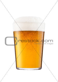 Cold glass of lager beer with foam and dew