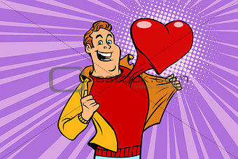 Valentine day, man in love with a red heart