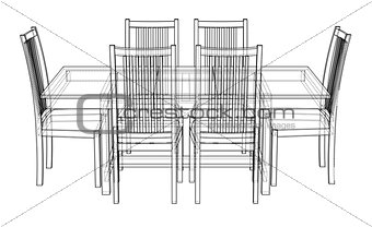 Dinner table with chairs. Vector rendering of 3d