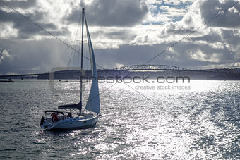 Auckland bridge view from the sea and sailing ship, New Zealand