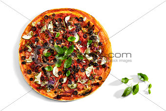 Delicious Pizza on white table