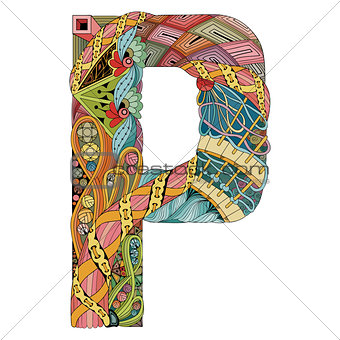 Letter P zentangle. Vector decorative object