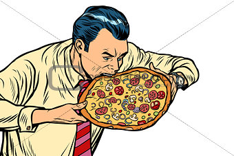 man eating pizza, isolated on white background