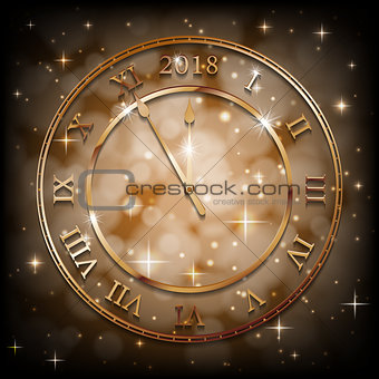 New Year 2018 gold background with bronze old clock. Greetings New Year banner with sepia background. Vector illustration