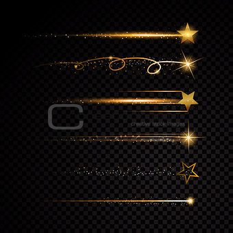 Gold glittering spiral star dust trail sparkling particles on transparent background. Space comet tail. Vector glamour fashion illustration